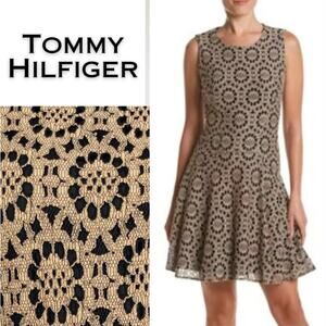 Tommy Hilfiger Taupe Lace Over Black Fit & Flare Sleeveless Short Dress Size 12